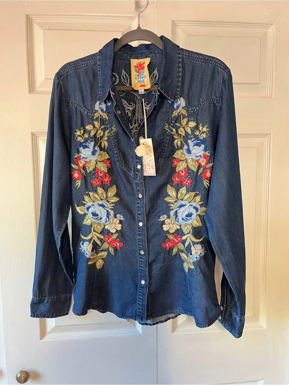 Johnny Was Hannah Denim Shirt with Multicolor Floral Embroidery - Blue - Picture 1 of 12